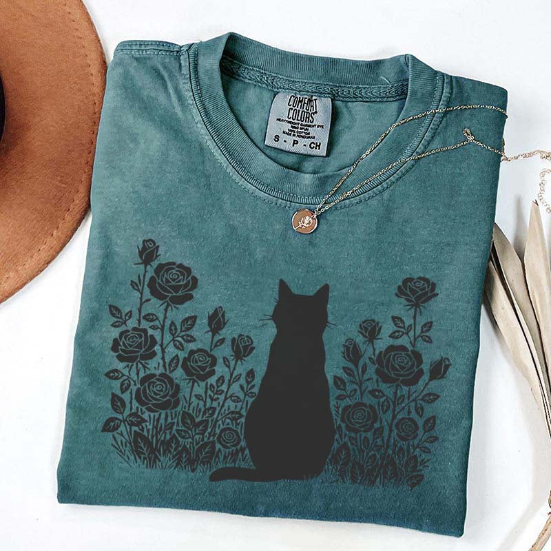Cottagecore Cat Owner Rose Black T-Shirt