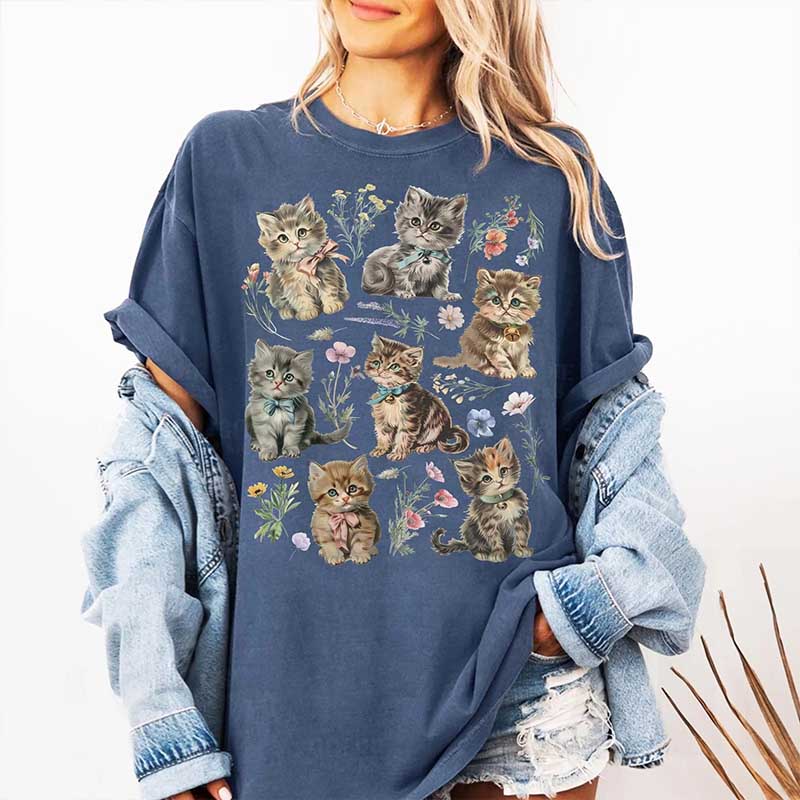 Comfort Colors Retro Kitten Cat Flowers T-Shirt