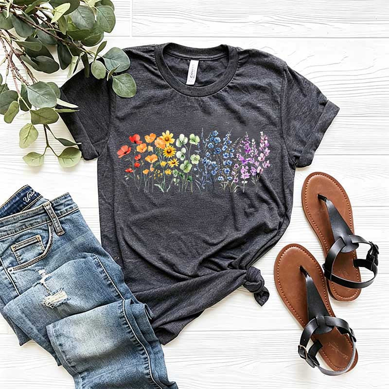 Watercolor Floral Design Rainbow T-Shirt