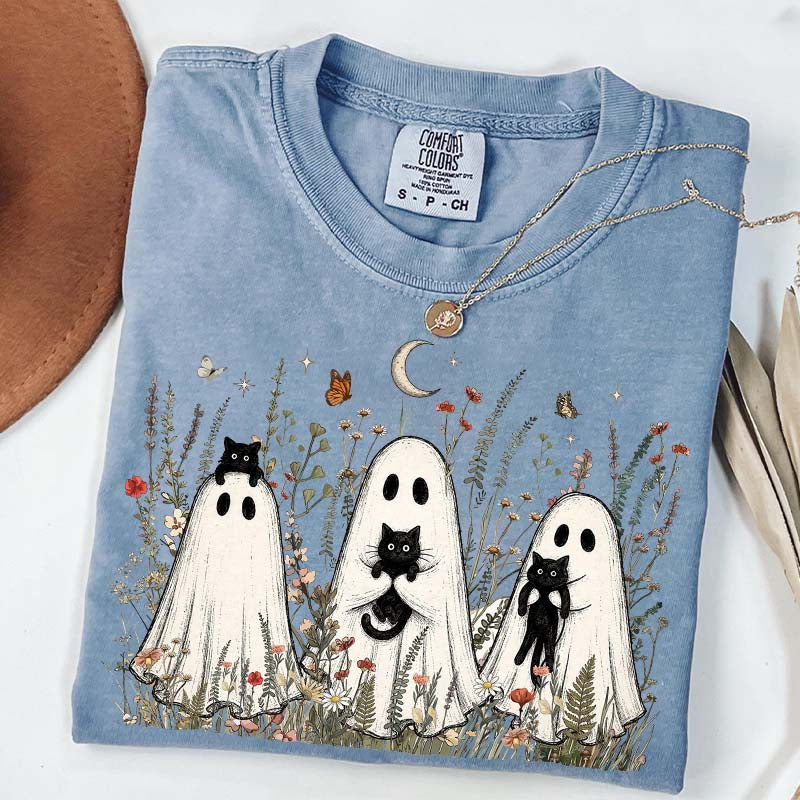 Vintage Whimsical Ghost Black Cat T-Shirt