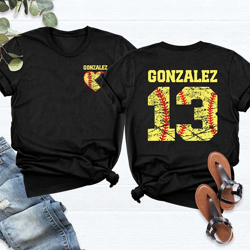 Custom Team Number And Name Softball Heart T-Shirt