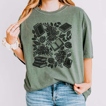 Linocut Books and Flowers T-Shirt