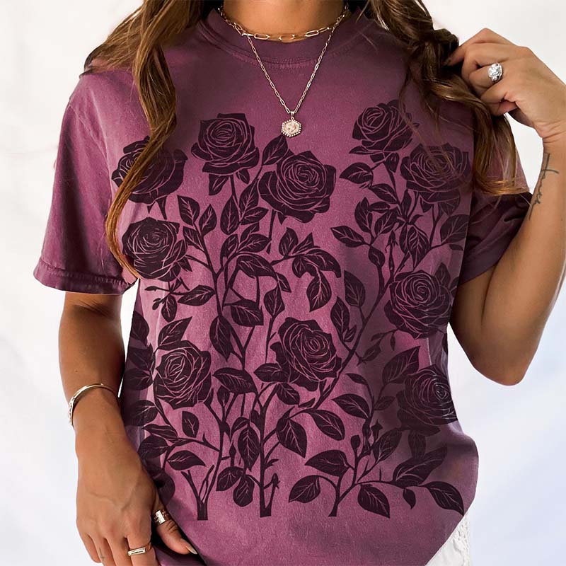 Vintage Linocut Flower Block Print Roses T-Shirt