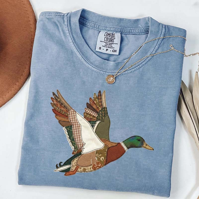 Faux Patchwork Mallard Duck Hunting Printed T-Shirt