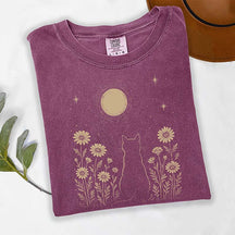 Minimalist Cat Moon Night Sky Floral T-Shirt