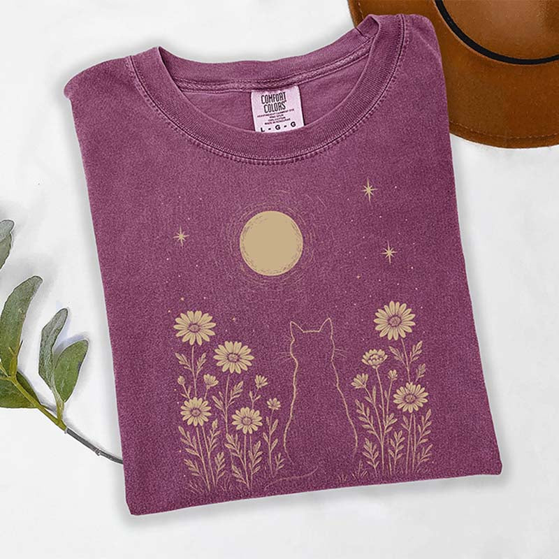 Minimalist Cat Moon Night Sky Floral T-Shirt