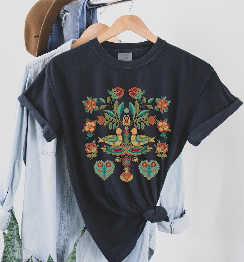 Chemise oiseau art populaire scandinave
