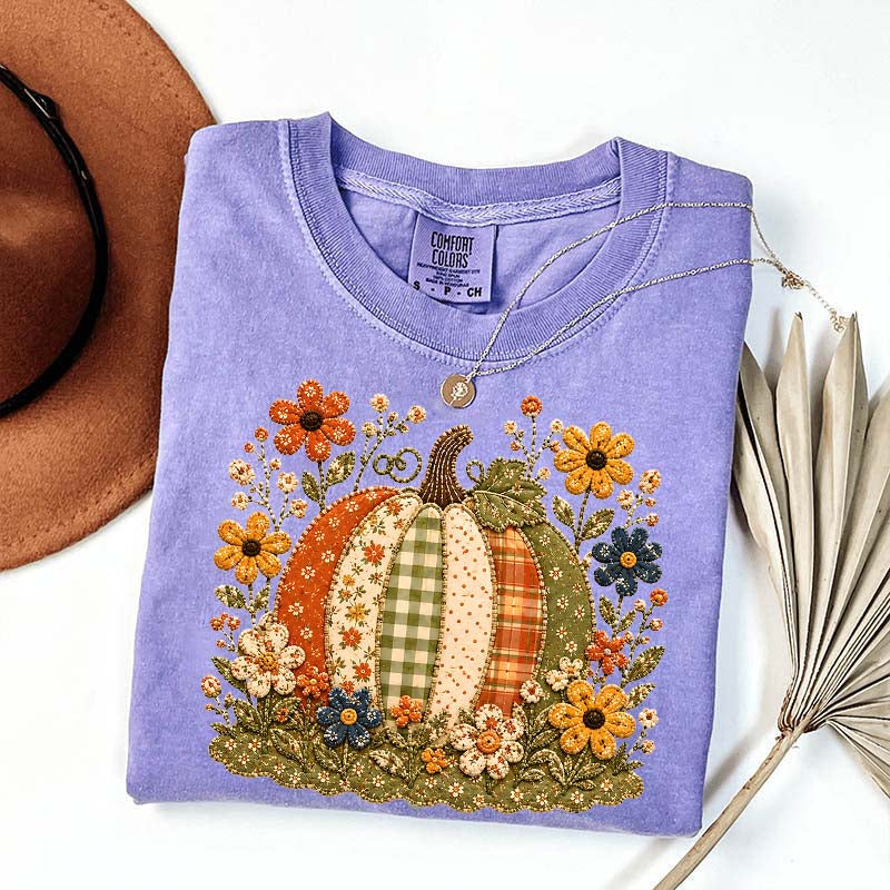 Faux Patchwork Floral Pumpkin T-Shirt