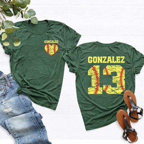 Custom Team Number And Name Softball Heart T-Shirt