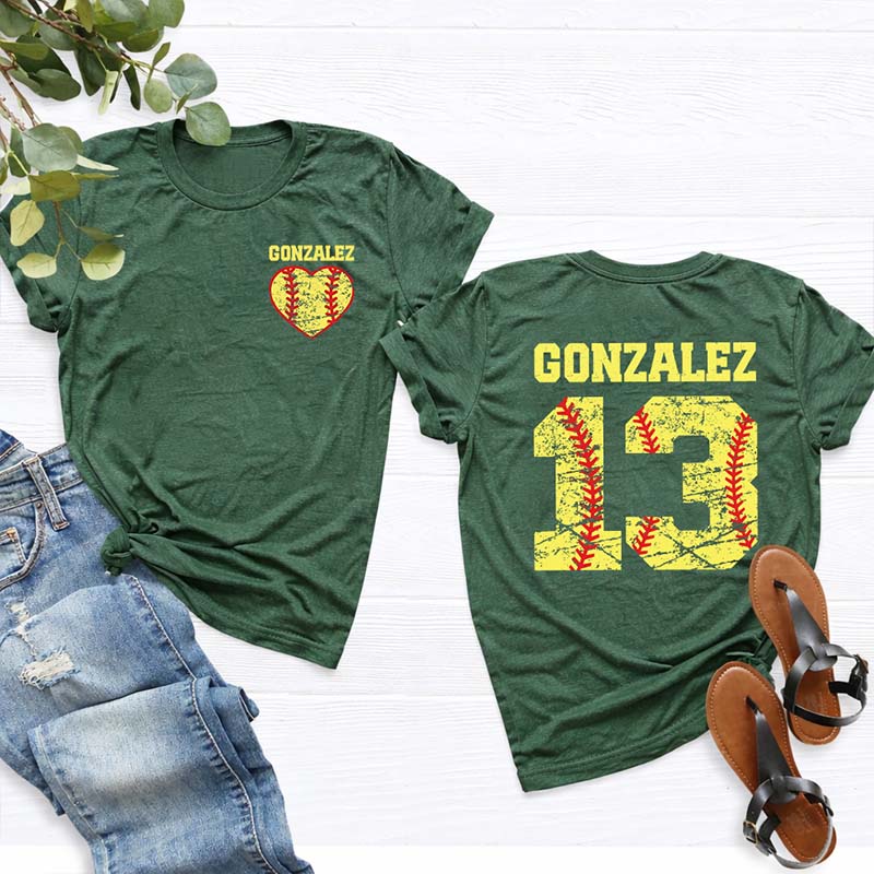 Custom Team Number And Name Softball Heart T-Shirt