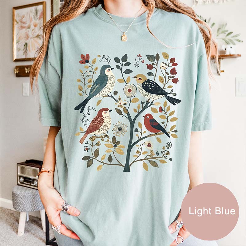 Cottagecore Birds and Flowers Folk Art T-Shirt