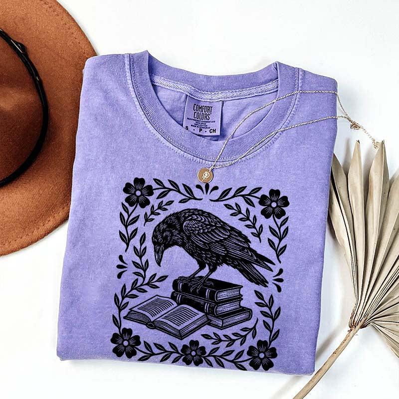Retro Bookish Raven Linocut T-Shirt