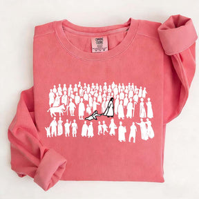 Woman Touches Religous Sweatshirt