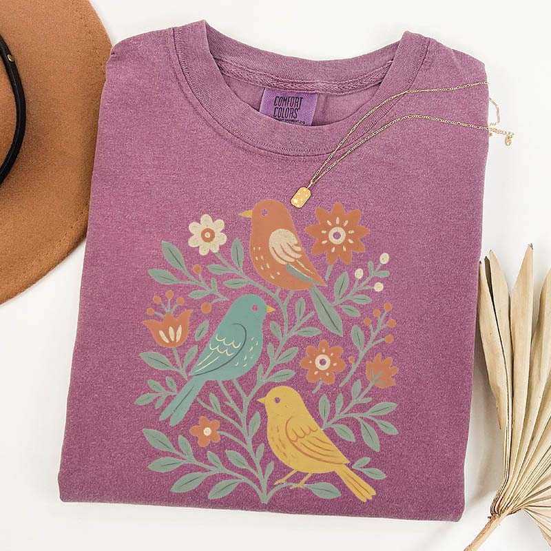 Boho Cottagecore Birds and Flowers T-Shirt