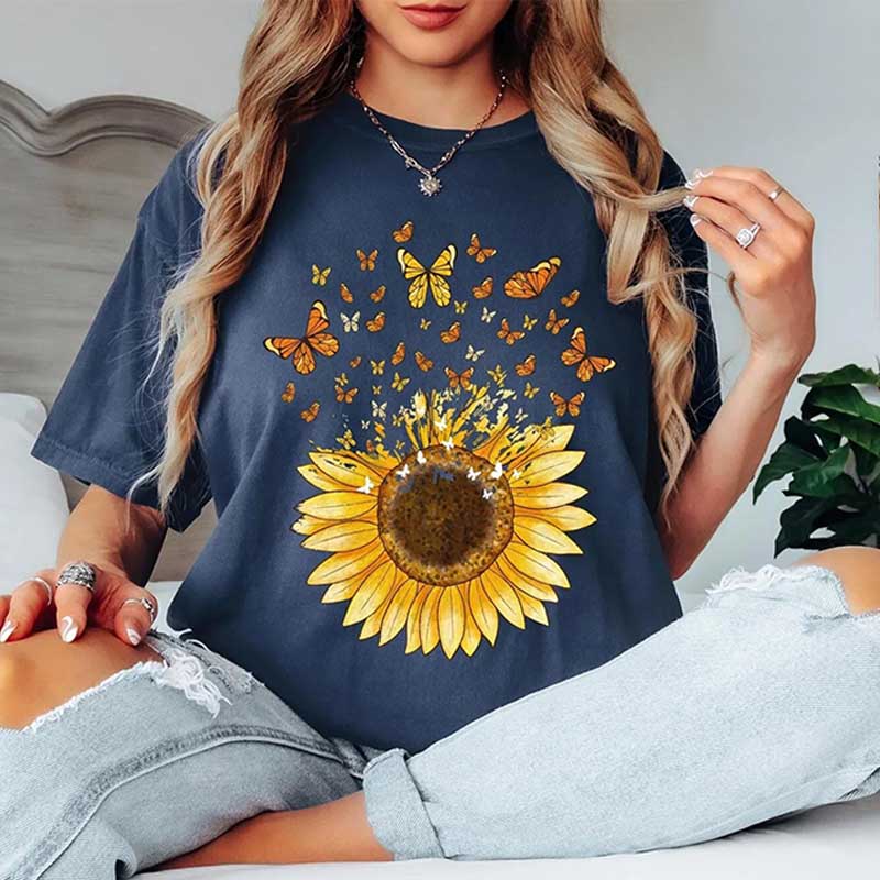 Sunflower Butterfly Floral Botanical T-Shirt