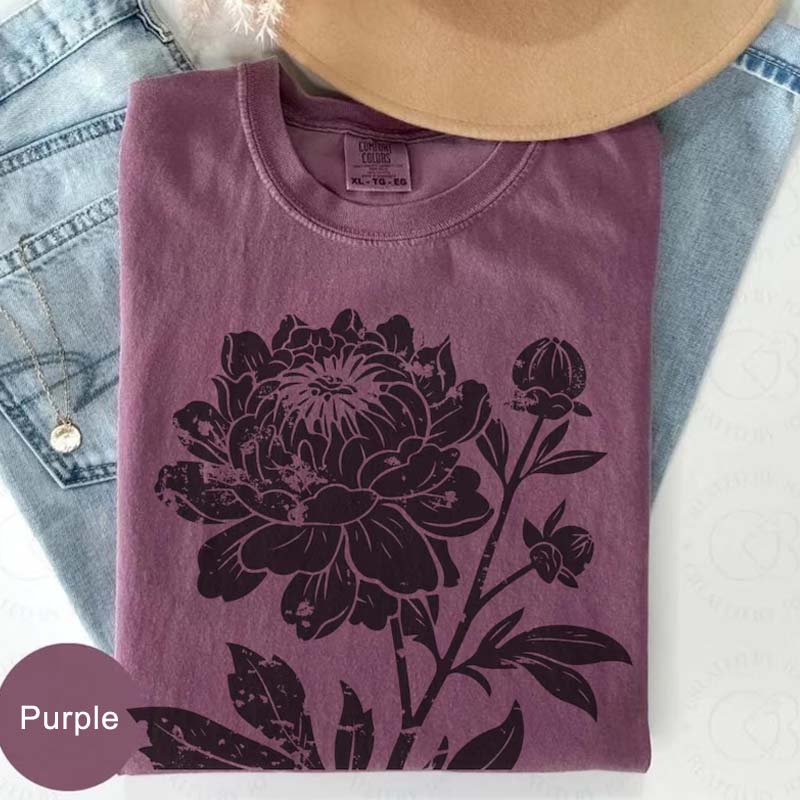 Vintage Linocut Flower Peonies T-Shirt