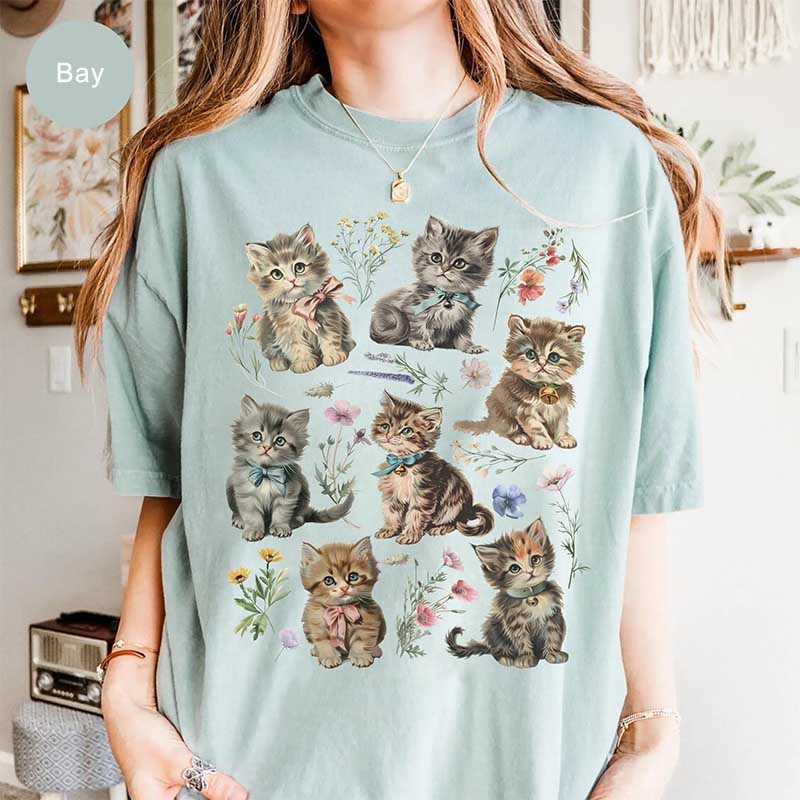 Comfort Colors Retro Kitten Cat Flowers T-Shirt