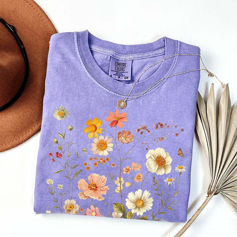Vintage Delicate Printed Wild Flowers Boho T-Shirt