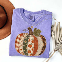 Faux Patchwork Fall Pumpkin Printed T-Shirt
