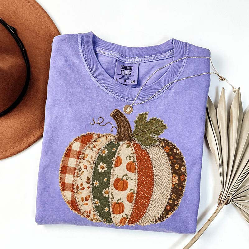Faux Patchwork Fall Pumpkin Printed T-Shirt