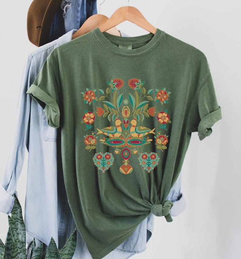 Chemise oiseau art populaire scandinave