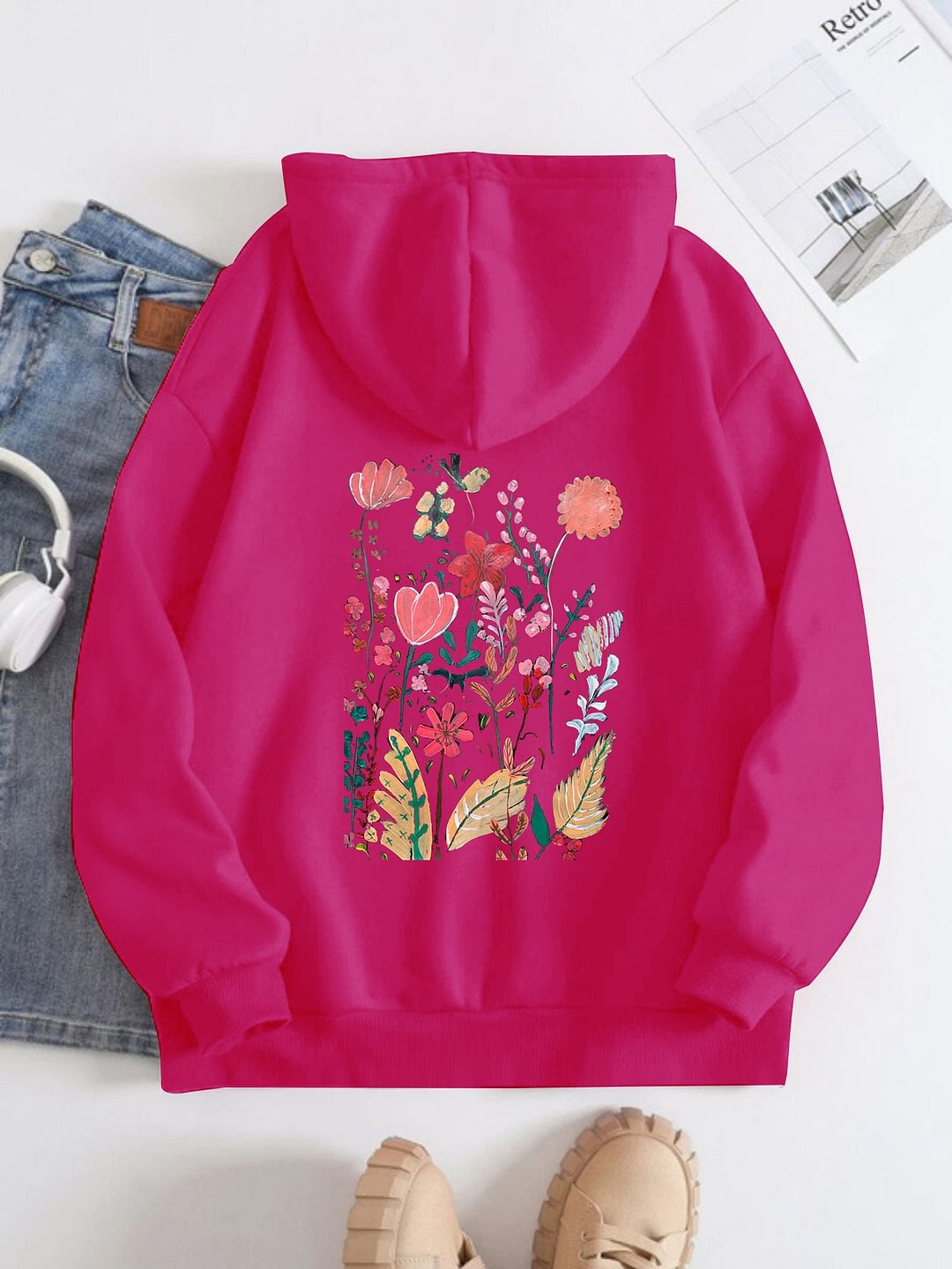 Peinture acrylique de modèle de fleurs Imprimé sur le sweat à capuche arrière pour les femmes