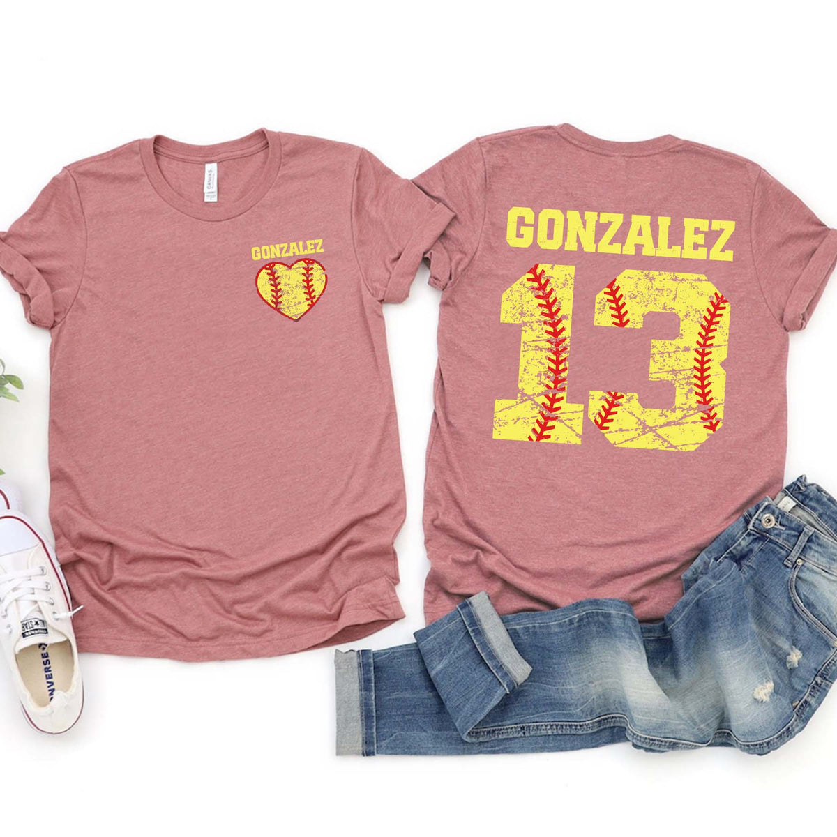 Custom Team Number And Name Softball Heart T-Shirt