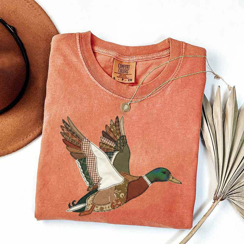 Faux Patchwork Mallard Duck Hunting Printed T-Shirt