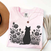 Cottagecore Cat Owner Rose Black T-Shirt