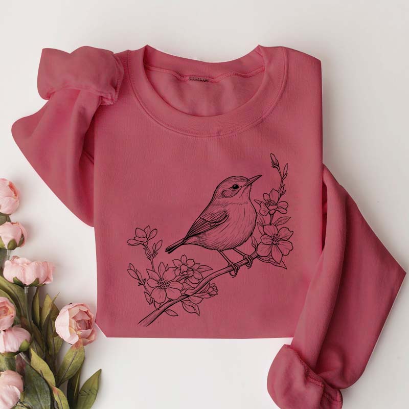 Cute Botanical Bird Graphic Sweatshirt