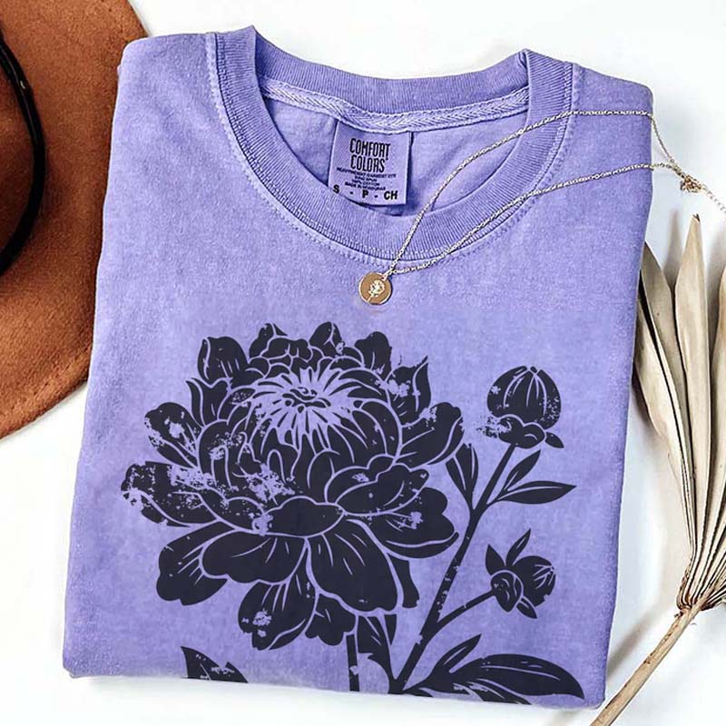 Vintage Linocut Flower Peonies T-Shirt
