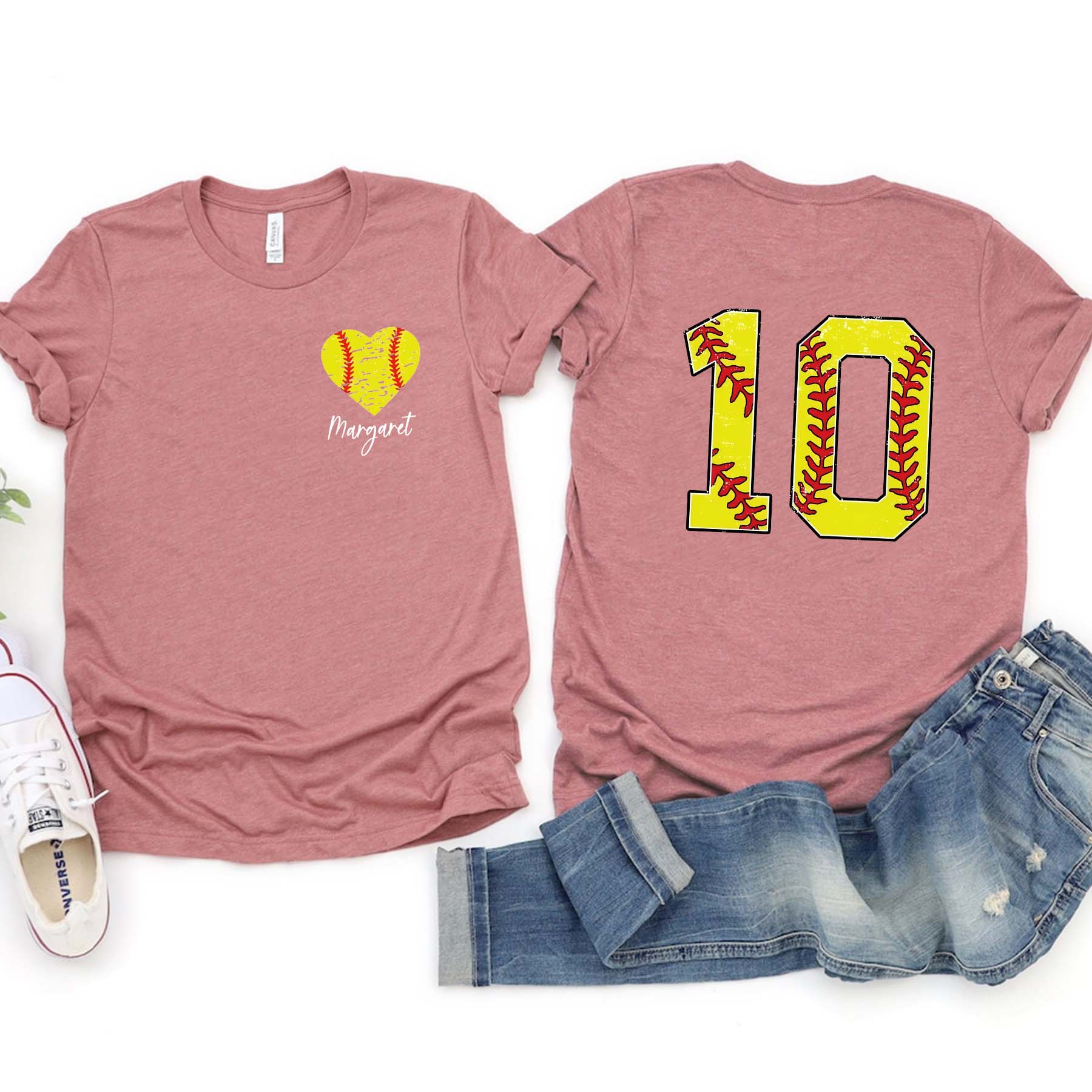 Custom Number And Name Softball Heart T-Shirt