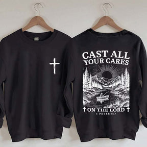 Cast All Your Cares Lord 1 Peter 5:7 Nature River Fishing Boat Sweatshirt