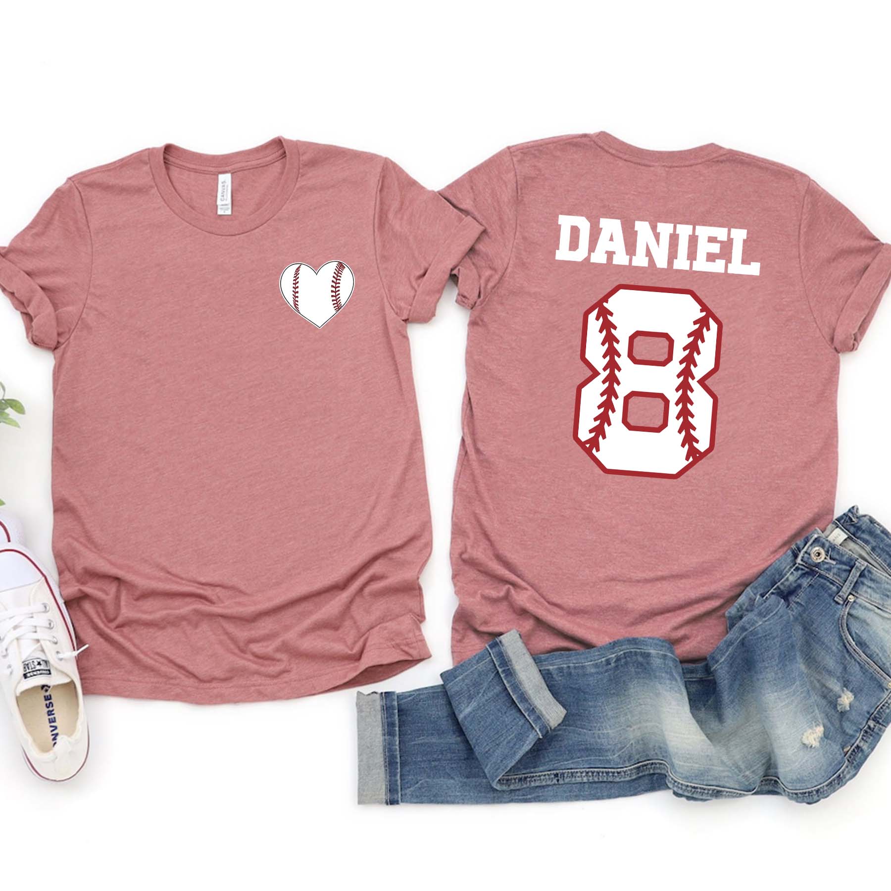 Custom Team Number And Name Baseball Heart T-Shirt