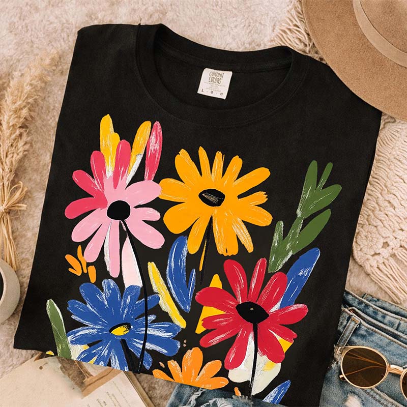 Colorful Floral Spring Hand Painted Flower T-Shirt