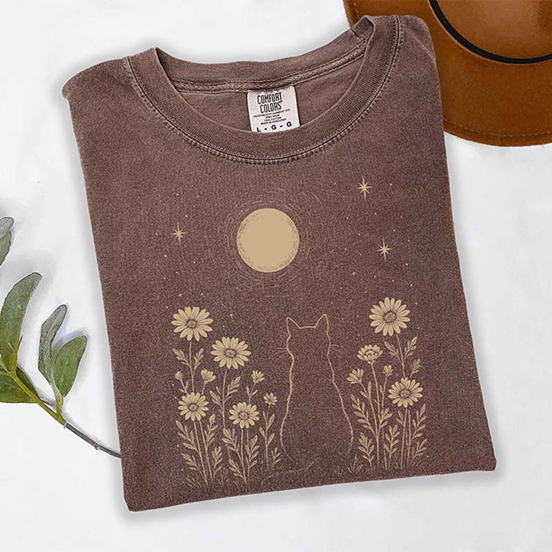 Minimalist Cat Moon Night Sky Floral T-Shirt