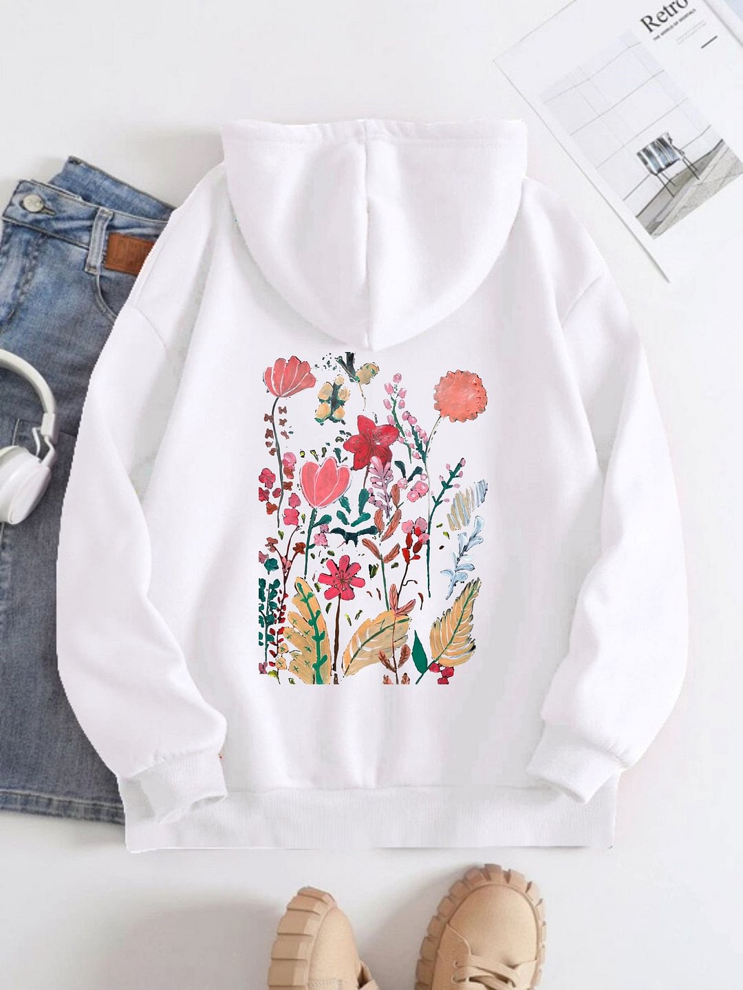 Peinture acrylique de modèle de fleurs Imprimé sur le sweat à capuche arrière pour les femmes