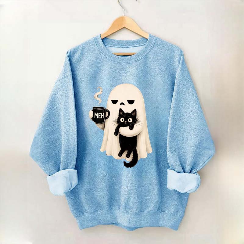Ghost Holding Black Cat Meh Coffee Sweatshirt