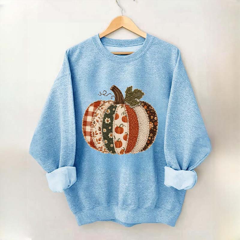 Faux Patchwork Fall Pumpkin Sweatshirt