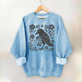 Crow Knitting Linocut Style Bird Sweatshirt
