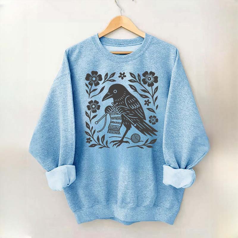 Crow Knitting Linocut Style Bird Sweatshirt