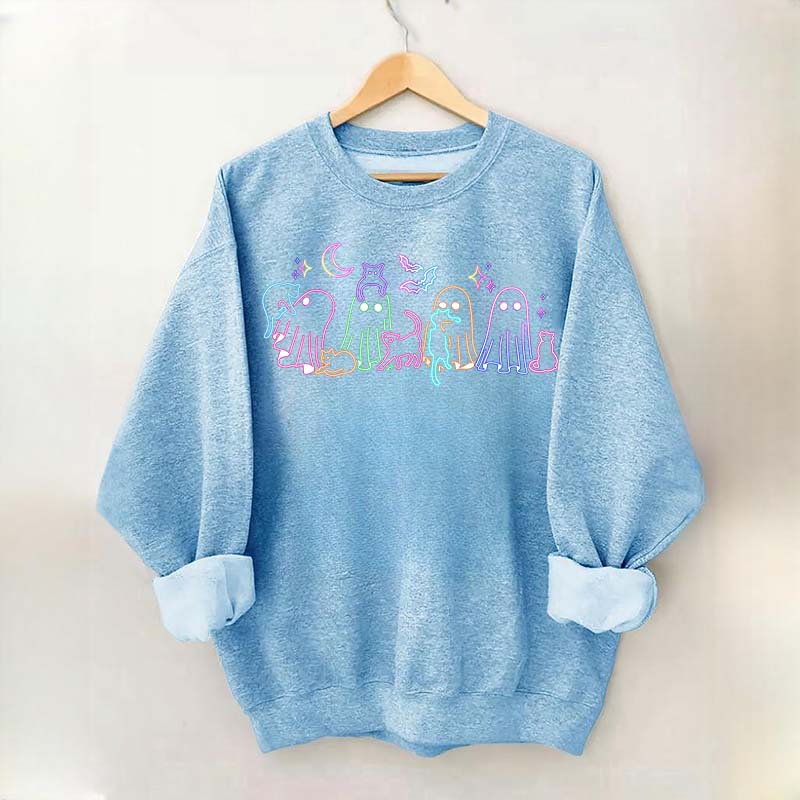 Cute Neon Halloween Ghost Cats Sweatshirt