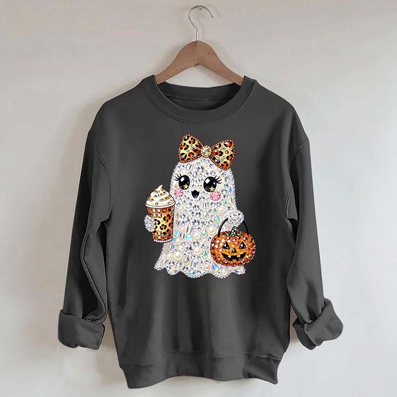 Rhinestone Glam Ghost Halloween Printed Sweatshirt
