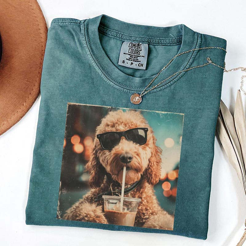 Cute Goldendoodle Drinking Iced Coffee T-Shirt