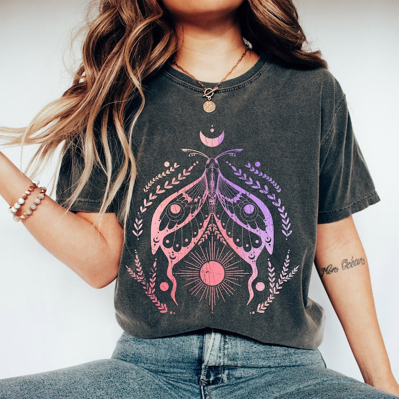 Himmlische Motte, Sonne und Mond, abstraktes Vintage-T-Shirt 