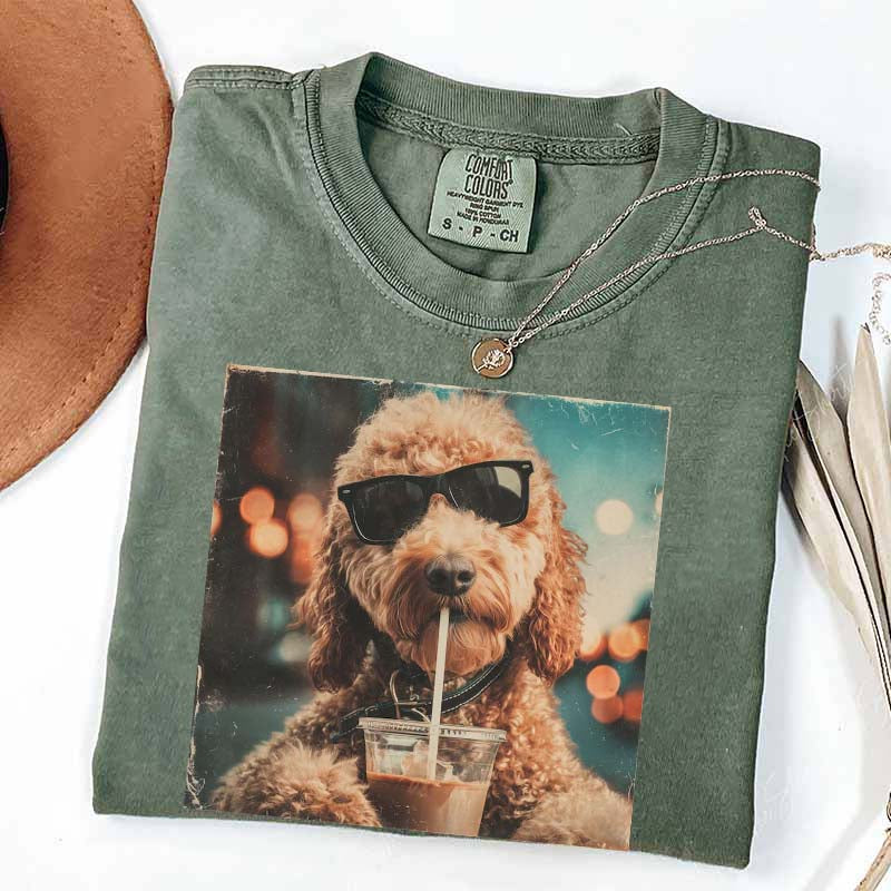 Cute Goldendoodle Drinking Iced Coffee T-Shirt