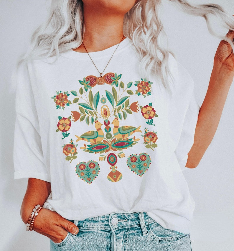Chemise oiseau art populaire scandinave