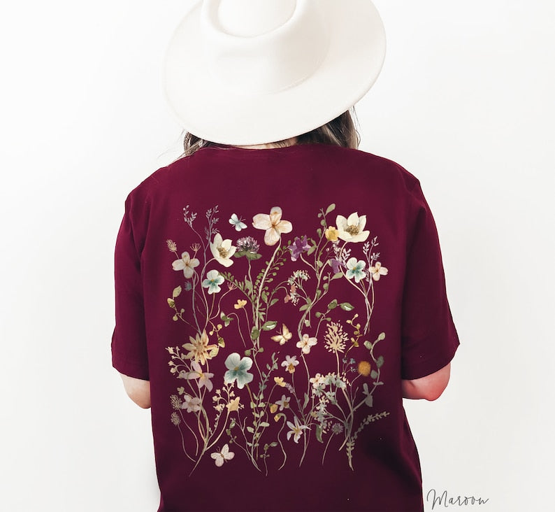T-Shirt mit gepressten Blumen auf der Rückseite, Geschenk für Gartenliebhaber