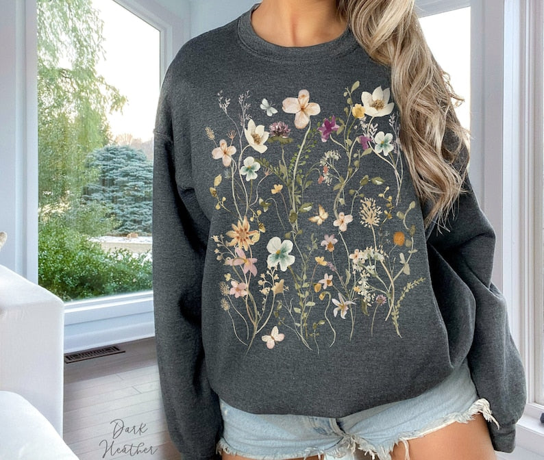 Sweat surdimensionné de fleurs sauvages Vintage Pressed Flowers Sweatshirt