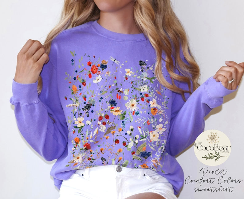 Vintage fleurs pressées couleurs de confort fleurs sauvages Sweatshirt